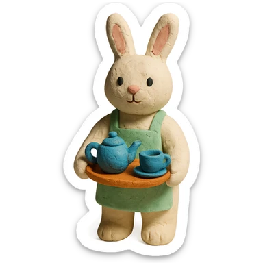 white bunny in apron holding tea tray, claymation style sticker