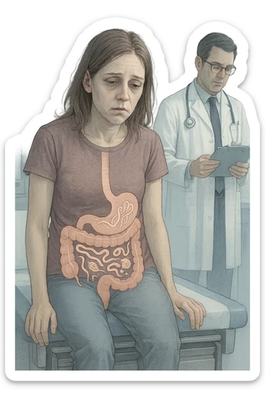 a woman in her 30s sits slumped on a doctor’s examination table, her face pale and eyes sunken with deep fatigue. A transparent overlay on her abdomen reveals stylized images of internal parasites, such as worms or protozoa, inside her digestive tract. The doctor stands nearby, reviewing medical charts. The mood is clinical and educational. sticker