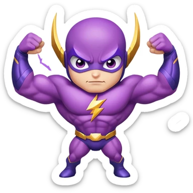 cute purple insect superhero with determined confident eyes, bulging biceps and muscles, electric lightning extending from arms, and a cool smirking expression sticker