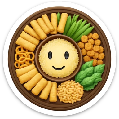 plato redondo con chicharrón crujiente dorado y arroz frito con pequeños vegetales de colores, vista desde arriba, fondo blanco, estilo simple. sticker