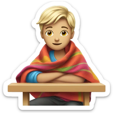 white teen sitting at a school desk with a colorful blanket wrapped around shoulders sticker
