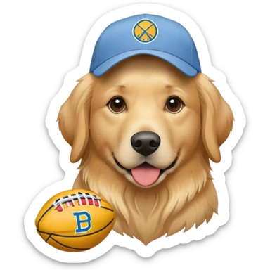 Golden retriever wearing a Denver Nuggets cap sticker