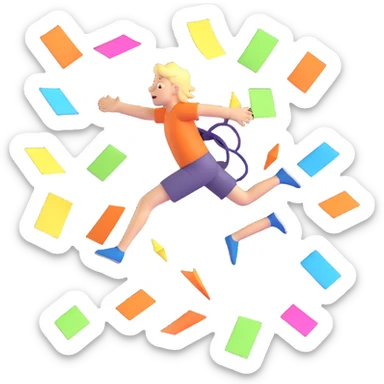 3D icon showing an energetic character leaping, multitasking, surrounded by arrows, sticky notes, spark effects, bright colors, vibrant lighting, playful chaos, planning theme sticker