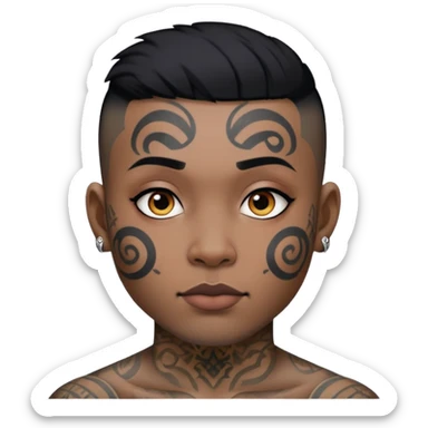 nam 30 tuổi, da đen, tóc undercut ngắn đen, có hình xăm trên mặt sticker