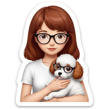 Mahogany haired girl with bangs, white glasses and a white t-shirt hugging a toy poodle dog sticker