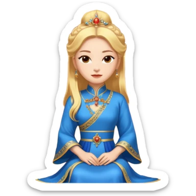 background is queen with golden hair with blue dress, sitting in a Imperial Chinese palace building with red walls, golden roof decorations sticker