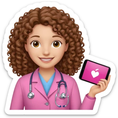 médica, cabelo castanho, pele branca, cabelo cacheado/ondulado, cabelo comprido, roupa rosa sticker