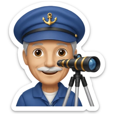 old sailor wearing a blue cap with a telescope sticker