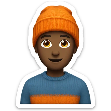 a young white man with a blue sweater and an orange beanie sticker