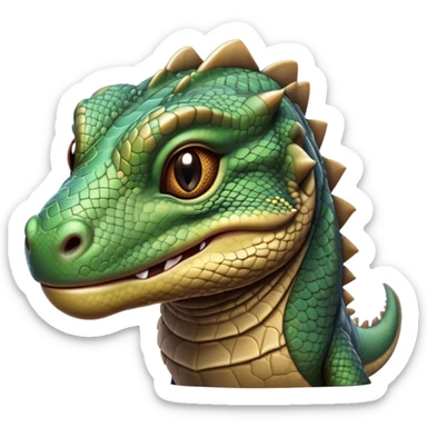 Cinematic Realistic Cute Komodo Dragon Portrait Emoji, Head tilted playfully and inquisitively, featuring a compact, robust build with finely detailed, textured scales in natural earthy hues and a characteristically alert face with bright, curious eyes, rendered with lifelike clarity, high shine, affectionate and surprisingly endearing, styled with a touch of wild charm, soft glowing outline, capturing the essence of a mischievous yet lovable Komodo dragon that seems poised to inch its way out of the screen into your arms! sticker