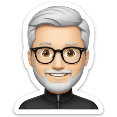 Man with light skin, short black hair styled up, short graying beard, large black-framed glasses, smiling face, black long sleeve mock neck shirt with zip sticker