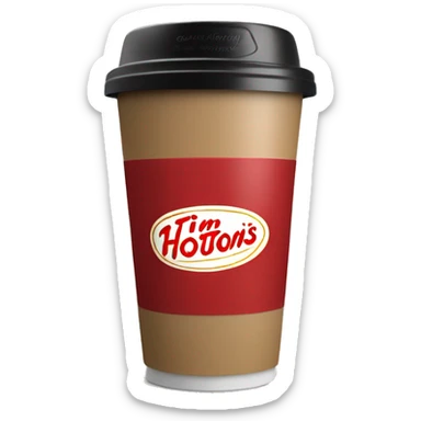 “Red Tim Hortons coffee cup with large white ‘Tim Hortons’ logo in script, black plastic lid, and a simple, clean design.” sticker