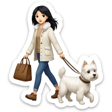 A girl with long black hair is walking a West Highland Terrier sticker