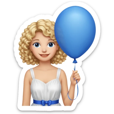 Woman curly blonde with blue balloon, white dress sticker