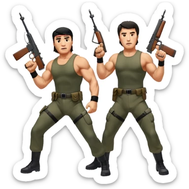 Icon for Action Movies: Arnold Schwarzenegger as John Matrix in Commando and Sylvester Stallone as John Rambo in Rambo, both in iconic action poses with weapons, intense expressions, and explosive backgrounds. Powerful and dynamic with dramatic lighting. Transparent background. sticker
