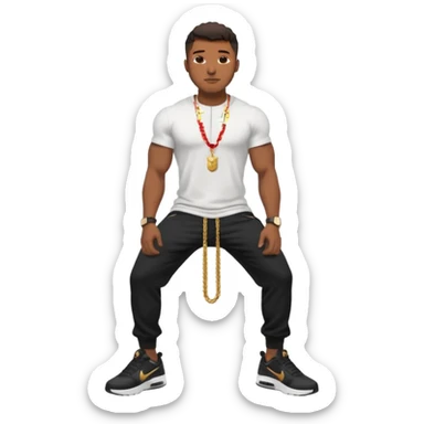 Handsome Black guy with brown skin tone, with muscular build, wearing black sweatpants, a white t-shirt, black Nike air max, a small gold rope chain, and a gold watch  sticker