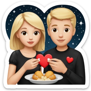 Couple with blonde hair wearing black eating chick filet hearts and outer space in the background. 
 sticker