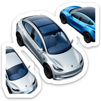 Tesla Model Y parking between two cars, seen from above. A blue line shows the planned trajectory sticker