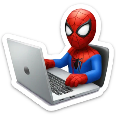 spiderman working with laptop with front pov sticker