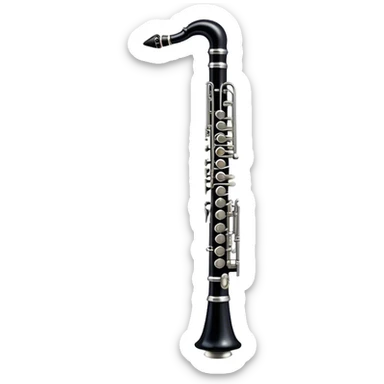 Cinematic Realistic Clarinet, deep black body with gleaming silver keys, rich warm lighting catching every intricate detail, slightly worn mouthpiece adding authenticity, glowing with a timeless and sophisticated presence. sticker