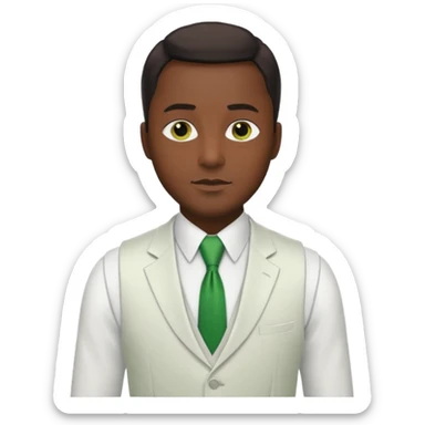 businessman, black skin, brown eyes, white suit vest, green tie sticker