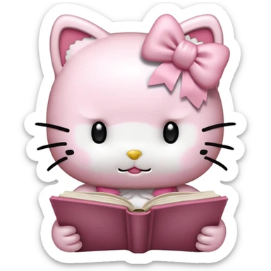 Happy hello kitty with a light pink bow reading a book sticker