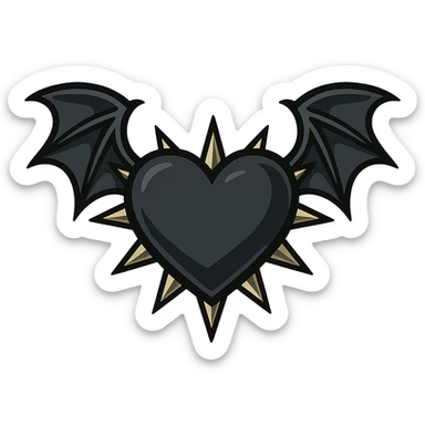 black gothic heart with metallic spikes and gothic bat wings, ornate, dark, elegant sticker