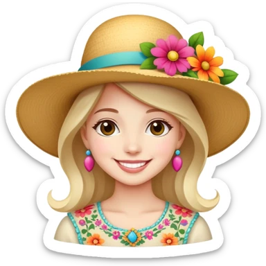 girl with a fancy wide-brimmed hat with flowers, happy face sticker