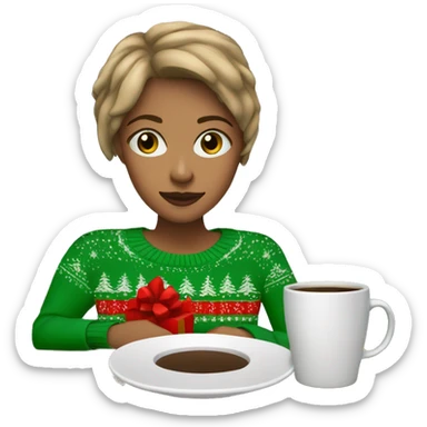 Light brown short haired girl with green eyes drinking coffee wearing blue Christmas sweater sticker