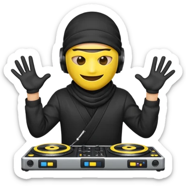 Make a customized yellow head emoji with hands and holding a dj turn table  in a  ninja face mask sticker