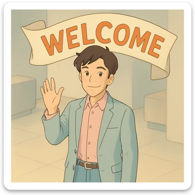 human character, center-frame, casual smart clothing in pastel blues, pinks, and neutrals, warm smile, one hand raised in a wave, stylized 'Welcome' banner behind, isometric perspective, soft diffuse studio lighting, subtle shadows, light depth of field, smooth rounded shapes, realistic skin texture, clean polished surfaces, modern minimalistic setting sticker