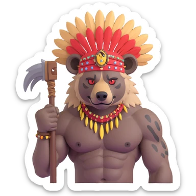 A native strong buff hyena with war bonnet flexing posing holding a chopped off human head by the hair  sticker