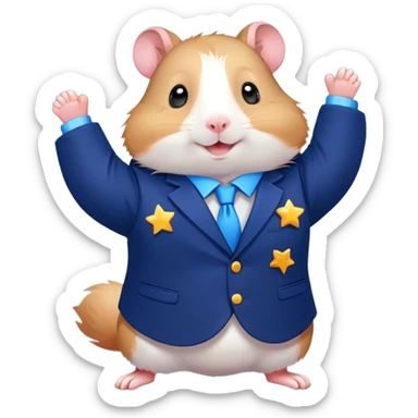 *"Создай стильное эмодзи в векторном плоском стиле с хомяком в пиджаке — маскотом компании https://sitisit.ru/.

Описание сцены:
Хомяк в тёмно-синем пиджаке с логотипом https://sitisit.ru/на груди радостно поднимает лапки вверх (жест "ура!"), выражая успех и воодушевление.

Детали:

Стиль: Чистый плоский дизайн, яркие цвета, мягкие тени для объема.

Выражение мордочки: Широкая улыбка, блестящие глаза, щёки слегка розовые от эмоций.

Поза: Динамичная, но не перегруженная — хомяк стоит на задних лапках, передние подняты вверх.

Фон: Прозрачный или мягкий градиент (голубой/белый).

Дополнительно: Можно добавить мелкие звёздочки или конфетти вокруг для эффекта праздника.

Формат: PNG 512×512, прозрачный фон."* sticker