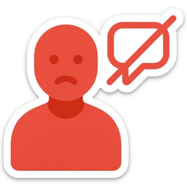Disengaged user silhouette with a crossed-out chat bubble in minimal modern icon style, red color variation, no background. sticker