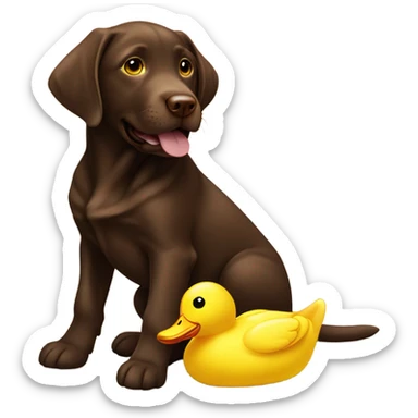 Chocolate lab puppy with big yellow duck toy sticker