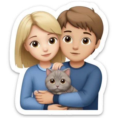 Blonde girl and brown Hair boy hugging a grey scottish fold cat sticker