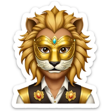 a man, with a vest,  wear half-face golden Lion masquerade mask sticker