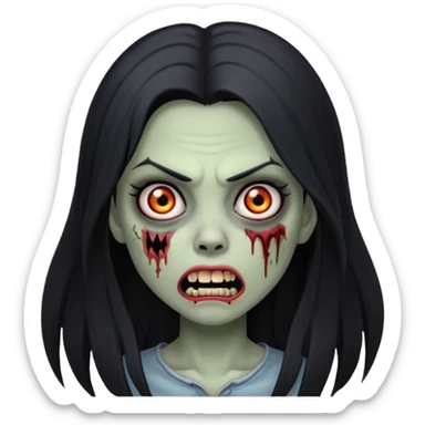Girl zombie with black long hair with teeth and serious face IOS style sticker