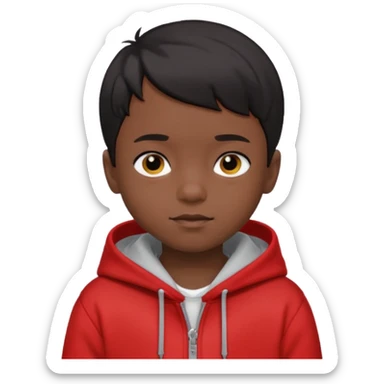 niño de 7 años, con pelo y piel negra. sudadera roja, pelo muy corto  sticker