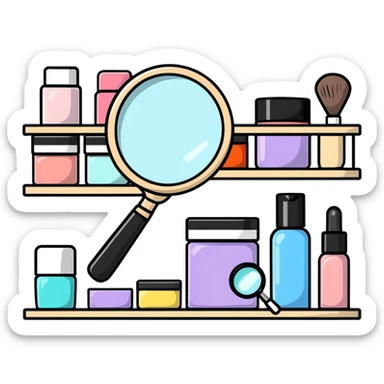 magnifying glass over empty beauty product shelf, searching sticker