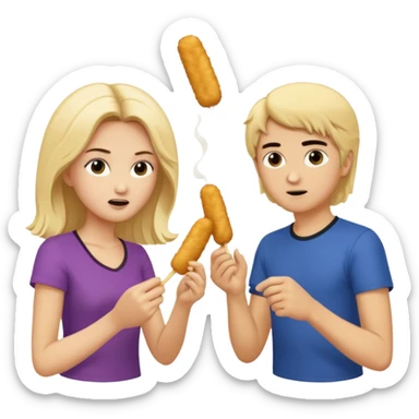 Aurore is blond and Enzo had mid-long black hair are fighting about mozzarella sticks sticker