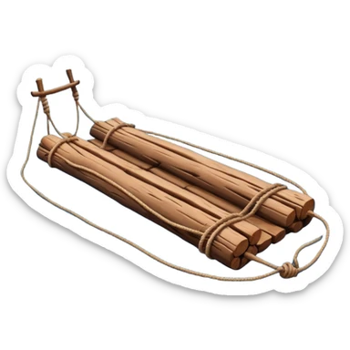 showing a simple wooden raft floating on calm blue water — made of several brown logs tied together with rope — gentle ripples around it — bright, cheerful lighting and soft shadows — minimalist, clean emoji design sticker