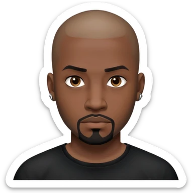 đàn ông 30 tuổi, da đen, đầu trọc, râu quai nón đen, có hình xăm trên mặt, áo đen, mặt nghiêm túc sticker