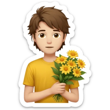 generate an ios genmoji of a 20 year old fair boy with brown long and messy hair with faint beard on cheeks. carrying a flower bouquet, wearing a yellow tshirt, looking shy.  sticker
