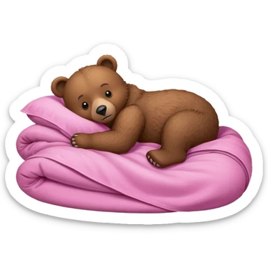 A brown bear lying on its side in a pink bed, curled up under the covers, trying to get comfortable. sticker