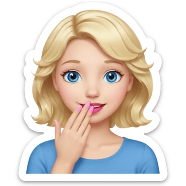 Girl Blonde short wavy hair,  blue eyes, cute blue top, long lashes, pink lips, smiling, hand covering the mouth sticker