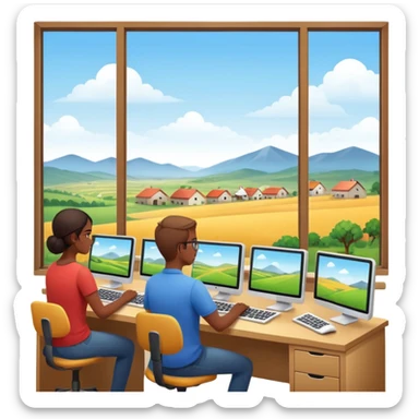 Employees of a startup company working on their computers while looking out the window at the rural landscape.w sticker