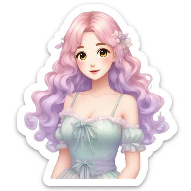 gorgeous pretty attractive anime lady beautiful pastel-gradient hair with gorgeous dress fairycore cottagecore pastelcore detailed high quality trending VOGUE aesthetic full body sticker