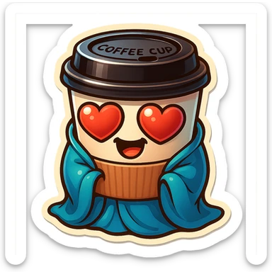 Ink wash style, coffee cup creature, big heart eyes, dopey smile sticker