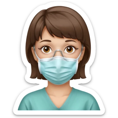 Old girl wearing medical mask with bangs and short hair, hair color brown sticker
